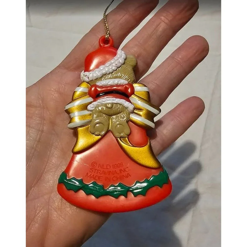 Stravina Personalized Ornament BEAR Bell Morgan Plastic Gold and Red Ribbon